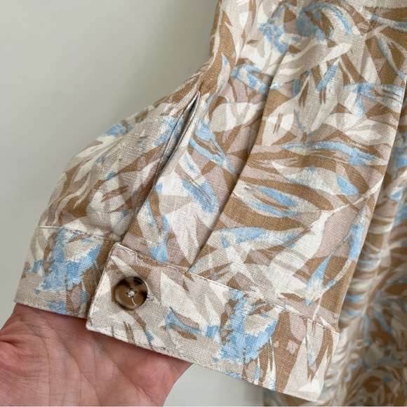 Catherine’s linen button front top 3/4 length sleeves tan blue leaf print 6X - Picture 6 of 11